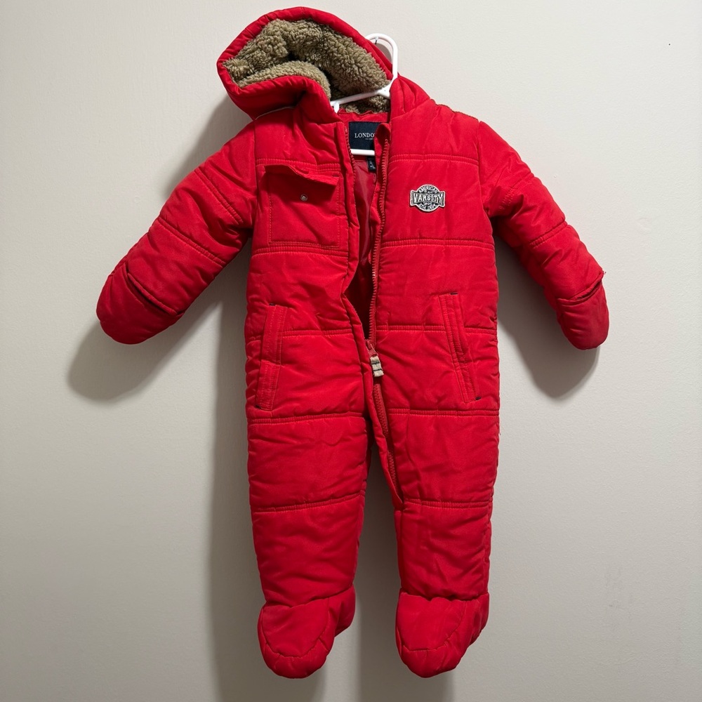 London Fog Quilted Red Varsity Hooded Snowsuit 18M Patch Fur Trim Zipper